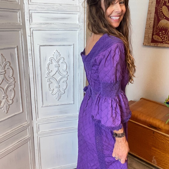 Vintage Purple Fairy Dress Pintuck Crochet Lace Mexican Wedding Maxi Size 8 M - Picture 2 of 12